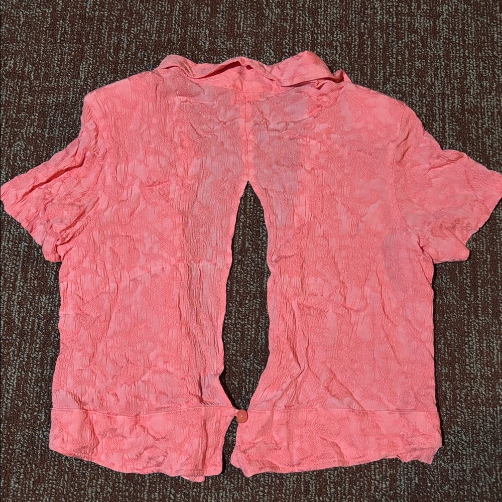 Vintage pink smocked open back cropped short sleeve button down relaxed blouse M - Picture 2 of 14